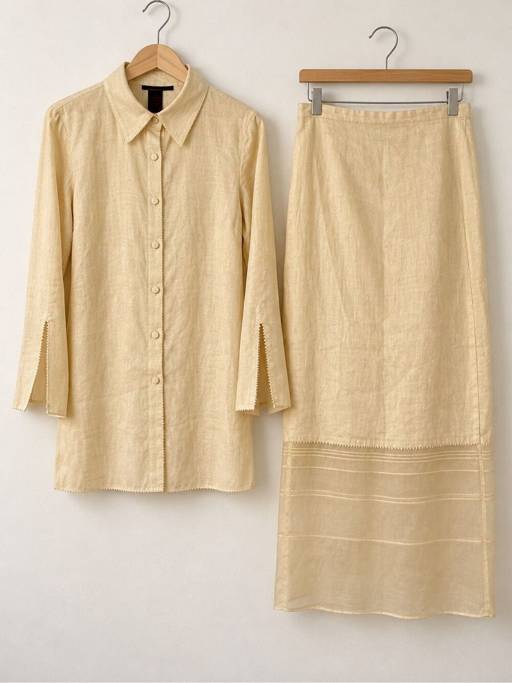 Champagne Gold 100% Linen Blouse Maxi Skirt 2 Piece Set Women’s 6 Skirt-1
